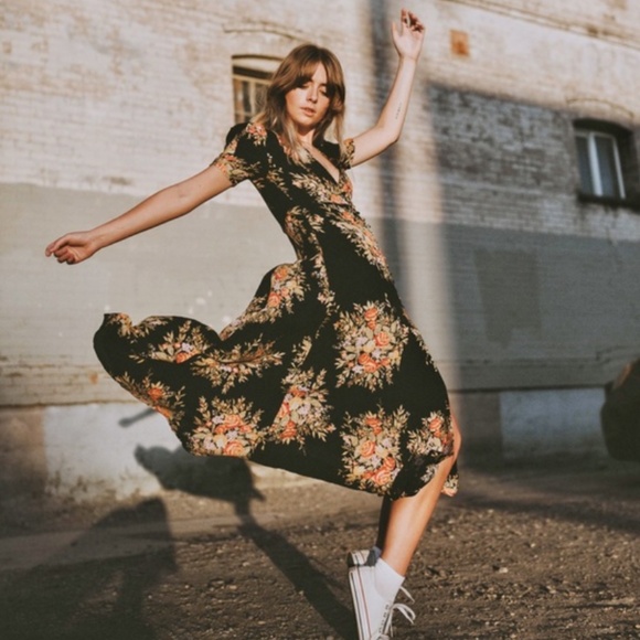 Floral Slit Puff Floral Witch Maxi Button FP Boho Bohemian Chic Summer Dress - Picture 5 of 7